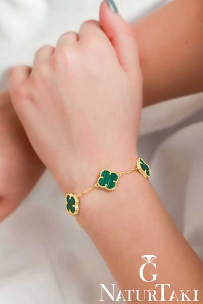 Naturtakı Kadın Yeşil Malakit Taşlı Altın Kaplama Gümüş Yoncalı Tasarım Bilek...