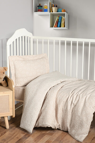 Kanz Bebek Müslin %100 Pamuk Jakarlı Nevresim Takımı - Heart Kahve