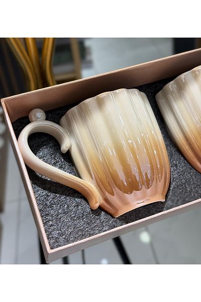 Onedekor Porcelain Mug Set with Pearls - Brown with 2 Gift Boxes