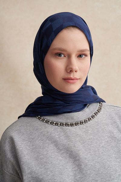 carell Checker Jacquard Italian Silk Shawl Dark Navy Blue
