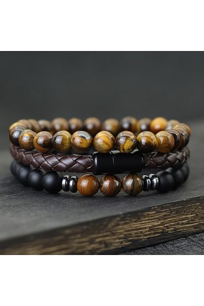 Choice Brown Noter 3pcs Men Bracelet Set 8mm Natural Onyx Tiger Eyes Stone Braclet Homme Magentic Clasp Lea