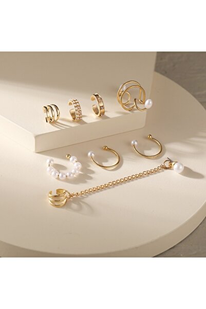 Choice مجموعة أقراط نسائية من 8 قطع من مشابك الأذن الذهبية على طراز الهيب هوب...