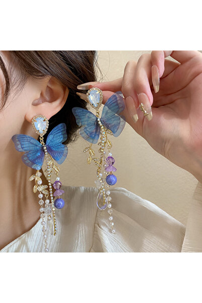 Choice Blue-purple Black Hollow Butterfly Dangle Earrings With Long Tassel Wo...
