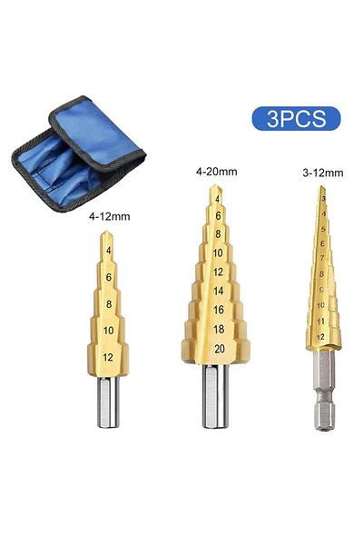 RDDSPON Hexagonal 3pcs3-12 4-12 4-20 Straight Groove Step Drill Bit HSS Titanium Coated Wood Metal Hole Cutt