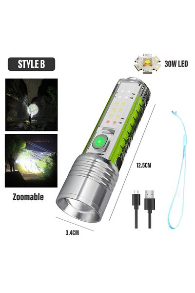 XIWANGFIRE 1PC Style B-30W ZOOM Super Bright LED Flashlight With White/red/blue/purple Side Light Strong Magnet