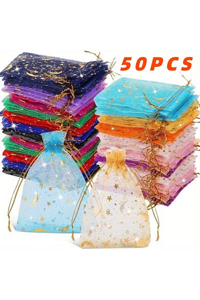 Choice 9x12cm Multicolor-50PCS 50PCS Moon Stars Drawstring Organza Bags Jewelry Gift Bags Pouches Gold Star