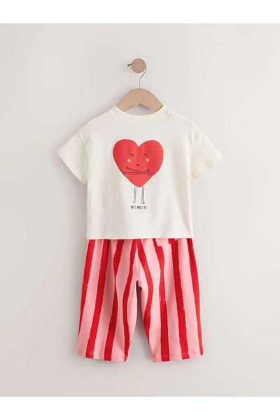 Magu Girl's Cotton Ecru T-Shirt & Red Striped Shorts Set - Heart Pattern