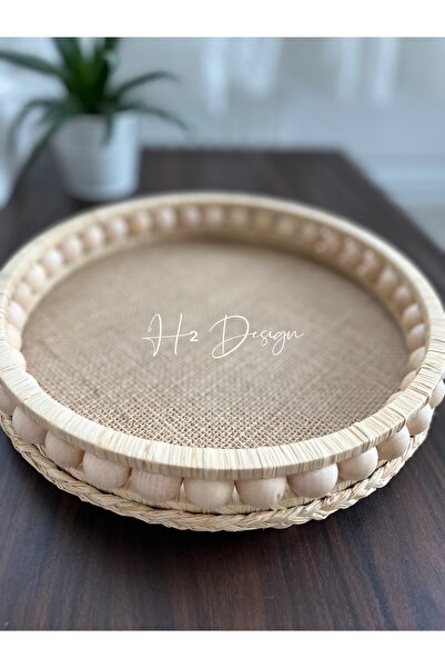 H2 Design El Yapımı Ahşap Boncuklu Doğal Rafya Hasır Dekoratif Tepsi 24 Cm