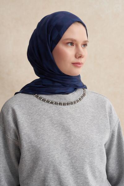 carell Şal din mătase italiană Checker Jacquard Albastru închis închis