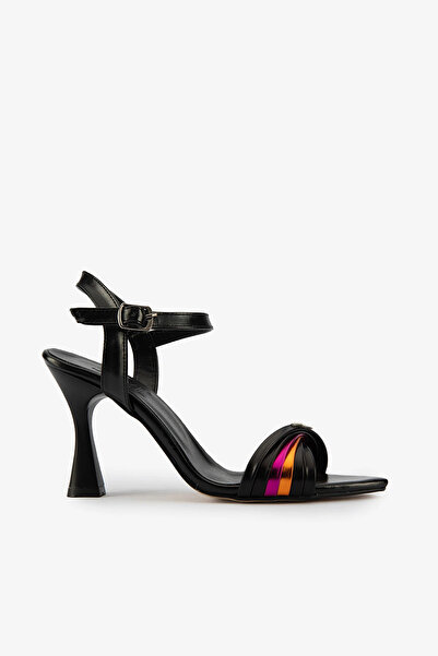 SAYL Siyah Bilekten Bağlamalı Taşlı Sivri Burun Kadın Topuklu Ayakkabı