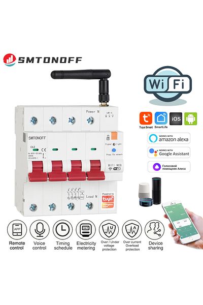 smartmcb 380V 63A adjustable Tuya Smart WiFi RS485 4P  MCB Breaker Prepaid Meter Timer Switch Voltage Current