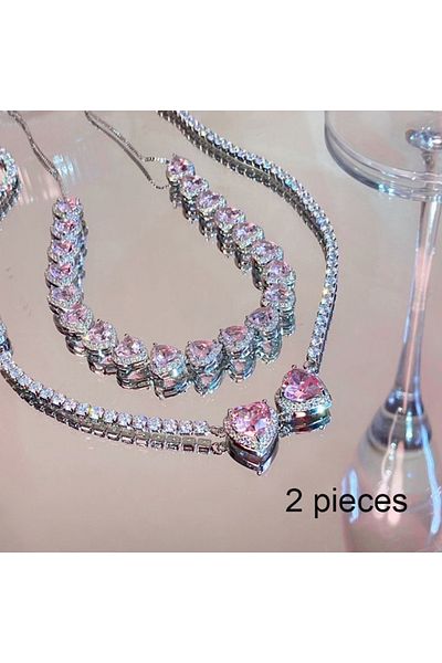 Choice necklace set UILZ Sweet Pink Heart Zircon Choker Necklace for Women Girls Elegant Crystal Wedding Pa