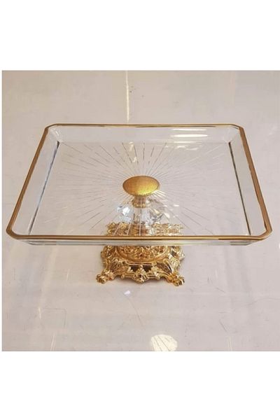 ARGKRİSTAL Metal Legged Gold Detail Paşabahçe Madlen Presentation Serving Plate