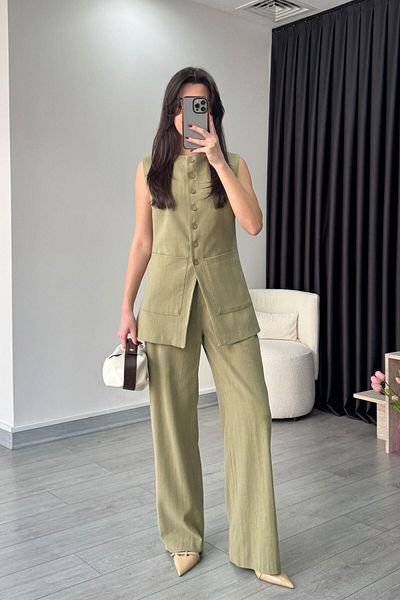 ECEMİ Pocket Detail Khaki Linen Vest Trousers Set