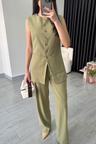 ECEMİ Pocket Detail Khaki Linen Vest Trousers Set