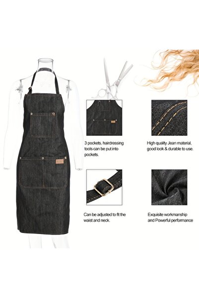 Choice مريلة عمل خفيفة الوزن من قماش الدنيم الأسود مزودة بجيوب ومئزر من القما...