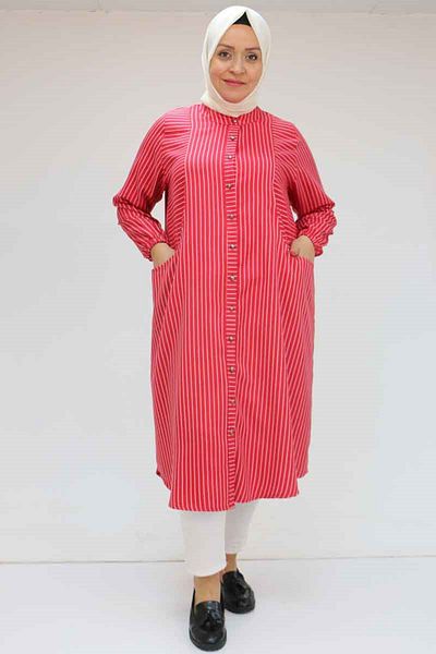 Eslina 48072 Large Size Tunic with Elastic Sleeves - Red