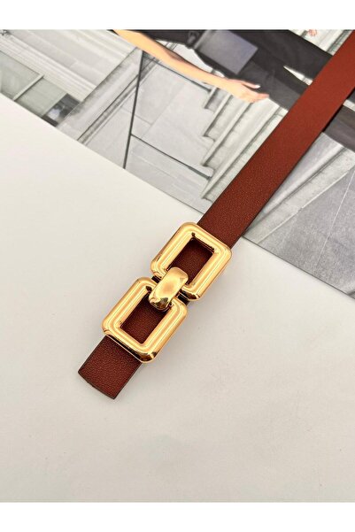 MODAM HİFA Square Pin Gold Buckle Claret Red Women's Belt Trouser Belt Dress Belt Shirt Belt Coat Belt