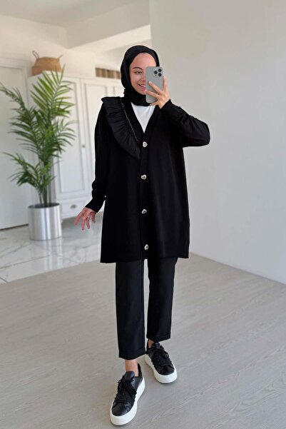Ka Hijab Black Shoulder Ruffle Mercerized Cardigan