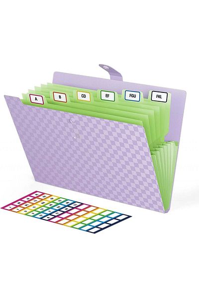 ABC Organizer set with 7 accordions and 48 Abc labels, plastic/paper, purple/green, 32.5 x 24.3 cm