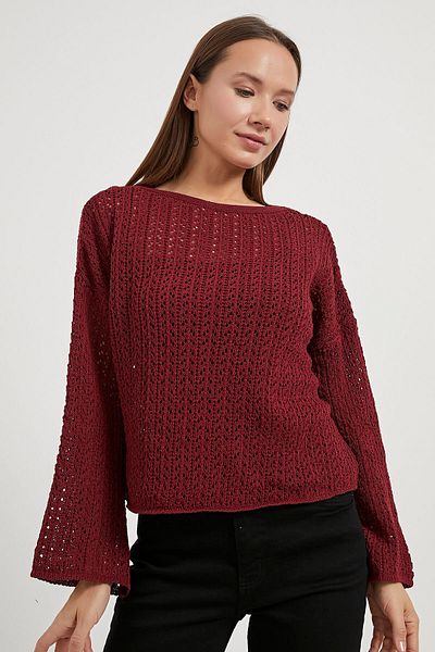 Arma Life Women's Openwork Long Sleeve Loose Burgundy Knitwear Blouse