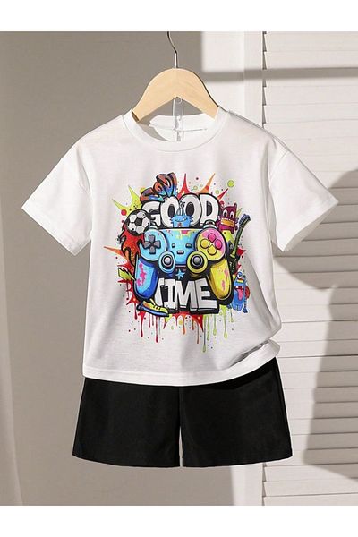 MORNİNG KİDS Boy's White-Black Good Time Printed Shorts T-Shirt Set