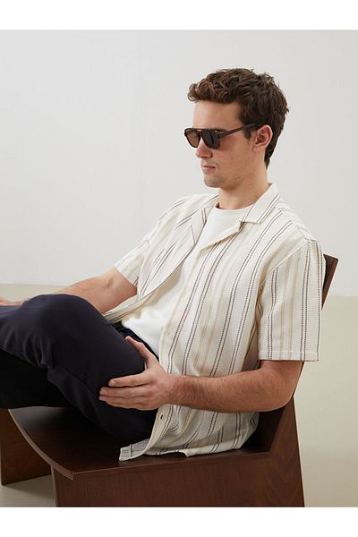 LC Waikiki Ecru Regular Fit Short Sleeve Striped Men's Shirt