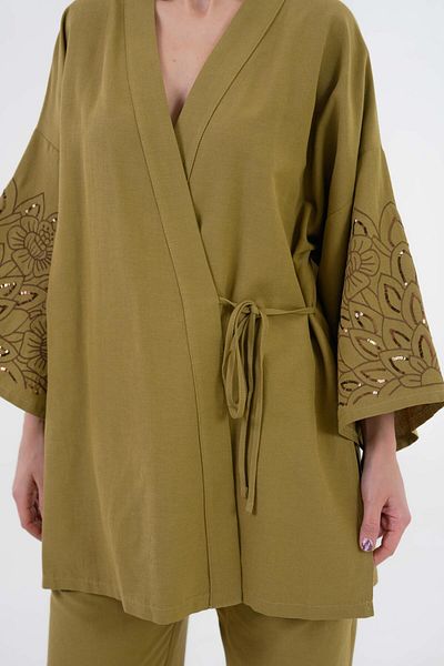 minaaise Women's Oil Green Sleeves Sequin Sequin Embroidered Linen Kimono Jacket and Pants Bottom/Top Set 21061