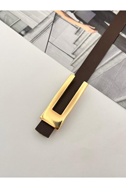 MODAM HİFA Desng Gold Buckle Bitter Coffee Women's Belt Trouser Belt Dress Belt Shirt Belt Coat Belt