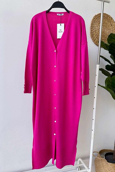 Ka Hijab Maxi Length Buttoned Mercerized Cardigan - Fuchsia