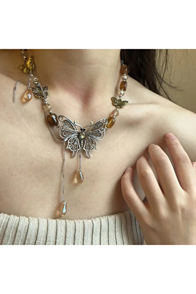 Çelik Bohemian Vintage Butterfly Pendant Necklace |   Beaded Tassel and Pearls