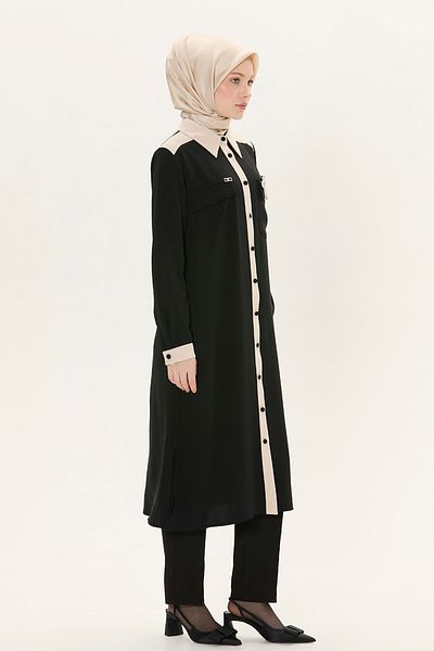 Setrms Double Color Long Tunic with Brooch Detail
