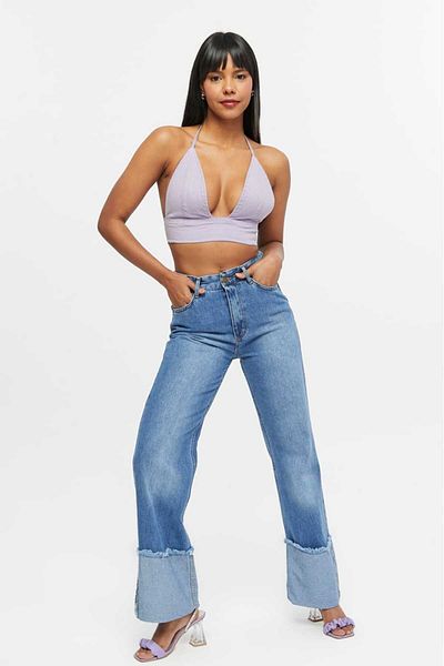 SHEVEGA Women's Blue Stitched Reverse Leg Tassel Wide Leg Jeans Jeans Pants