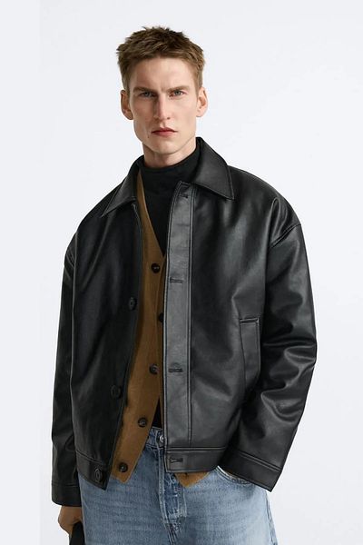 KOCCI Oversize Buttoned Classic Collar Unisex Leather Jacket