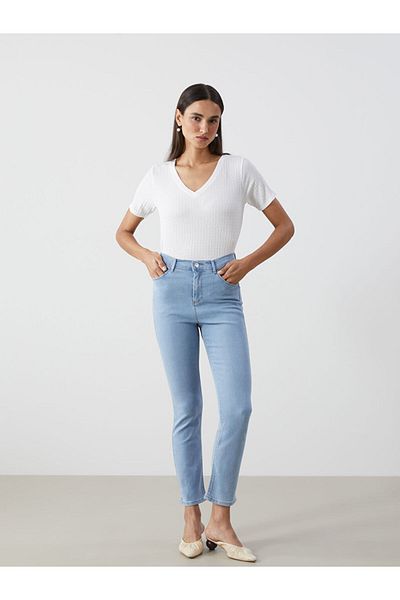 LC Waikiki Ecru V-Neck Textured Women's T-Shirt