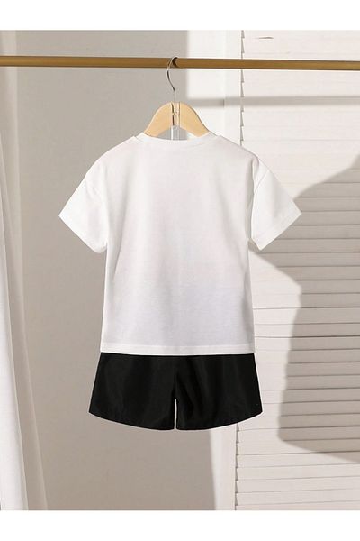 MORNİNG KİDS Boy's White-Black Good Time Printed Shorts T-Shirt Set