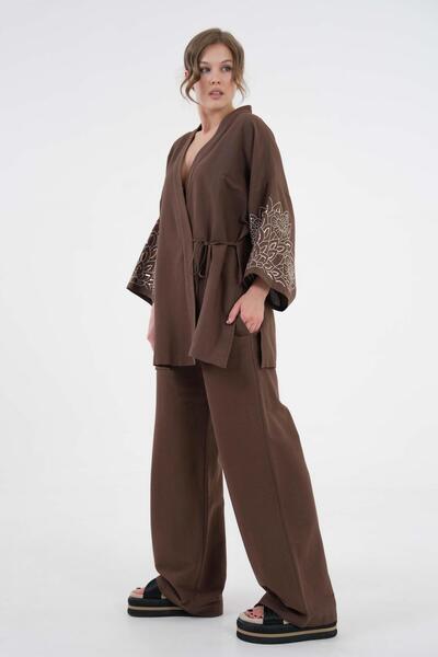 minaaise Women's Coffee Sleeves Sequin Sequins Embroidered Linen Kimono Jacket and Pants Bottom/Top Set 21061