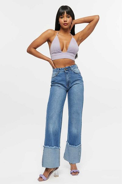 SHEVEGA Women's Blue Stitched Reverse Leg Tassel Wide Leg Jeans Jeans Pants
