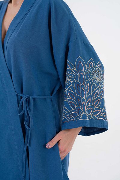 minaaise Women's Indigo Sleeves Sequin Sequins Embroidered Linen Kimono Jacket and Pants Bottom/Top Set 21061