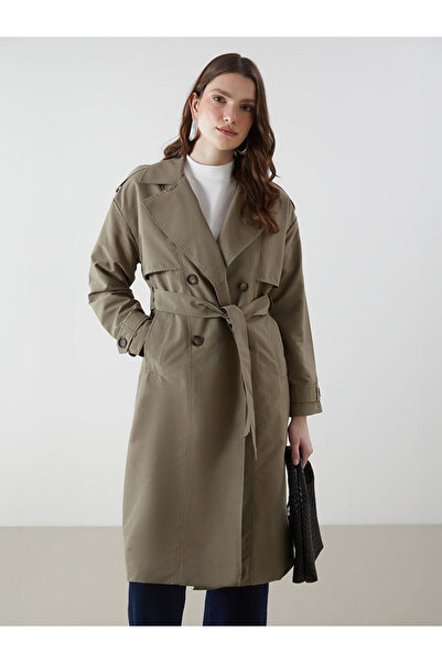 LC Waikiki Khaki Jacket Collar Oversize Women's Trench Coat