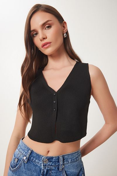 Lovelyİstanbul V-Neck Summer Knitwear Vest Black Lcr0043