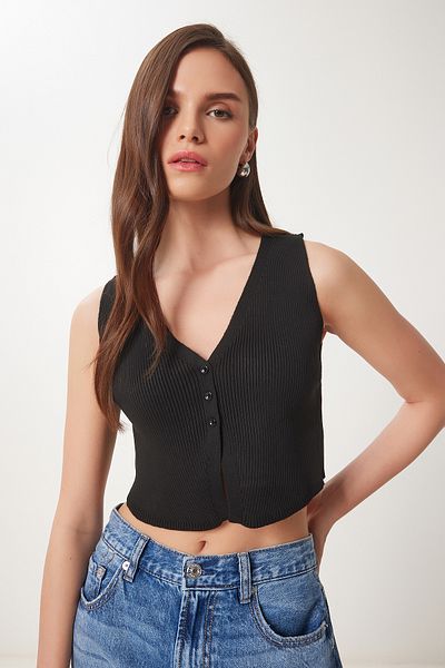 Lovelyİstanbul V-Neck Summer Knitwear Vest Black Lcr0043