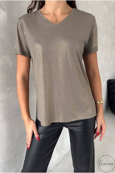 Cassime Tricou din bumbac cu decolteu în V, de culoare aurie, strălucitor