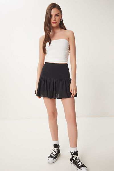 Lovelyİstanbul Fusta mini scurtă tricotată cu feston NEGRU LNJ0024