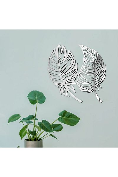 NT Handmade Silver Plexi 2 Piece Leaves Wall Decor Painting for Living Room Living Bedroom Office Entrance Kitchen