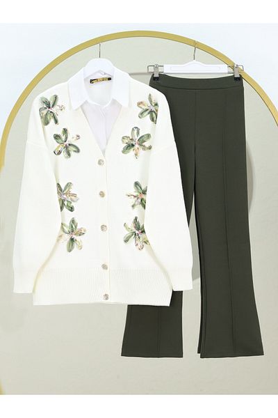 Modamorfo V-Neck Organza Tulle Floral Embroidered Knitwear Cardigan - Khaki