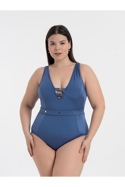 AQUAVİVA Aquaviva Women's Indigo Plus Size Jenna Push up V Neck Eyelet Swimsuit