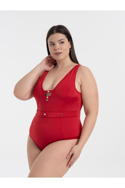 AQUAVİVA Aquaviva Women's Red Plus Size Jenna Push up V Neck Eyelet Swimsuit