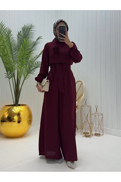 Modamorfo Stand Collar Belted Rose Jumpsuit - Burgundy