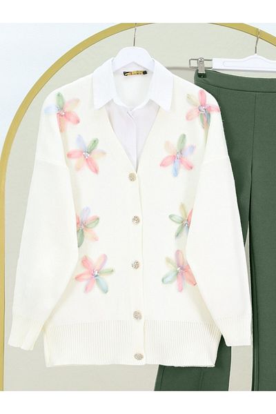 Modamorfo V-Neck Organza Tulle Floral Embroidery Knitwear Cardigan -Powder